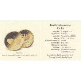 50 Euro Pauke Goldmünze Musikinstrument mit Box und Zertifikat 