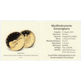 50 Euro Konzertgitarre Goldmünze Musikinstrument mit Box und Zertifikat 
