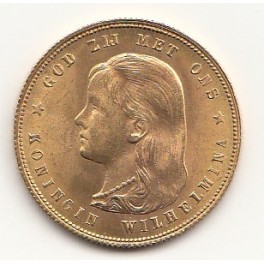 Goldmünze 10 Gulden junge Königin Wilhelmina langes Haar