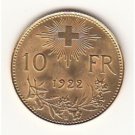 10 Franken Vreneli 1922B Goldmünze 